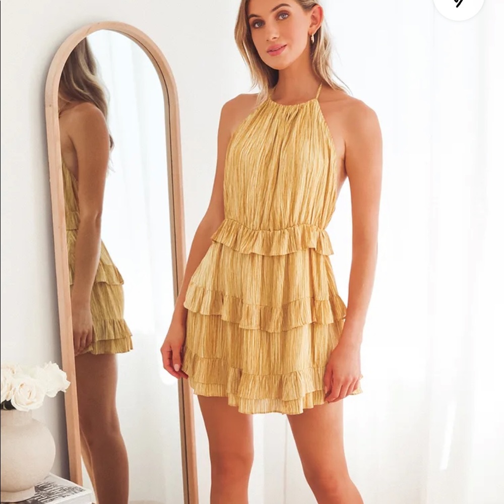 ‼️NWT‼️ Lulus Downright Darling Mustard Yellow Ruffled Halter Mini Dress